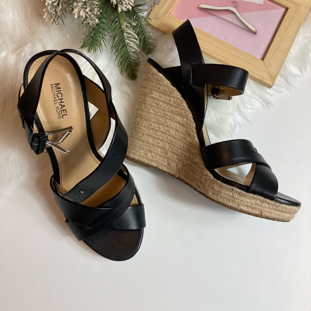 Michael Kors Kady Black Leather Wedge (Size 8.5)